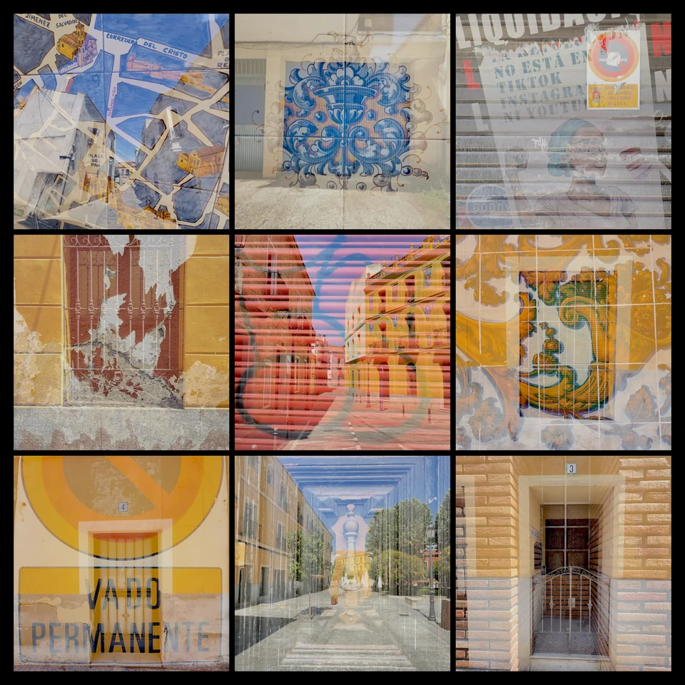 Nine double exposures of colorful tiles and street architecture.