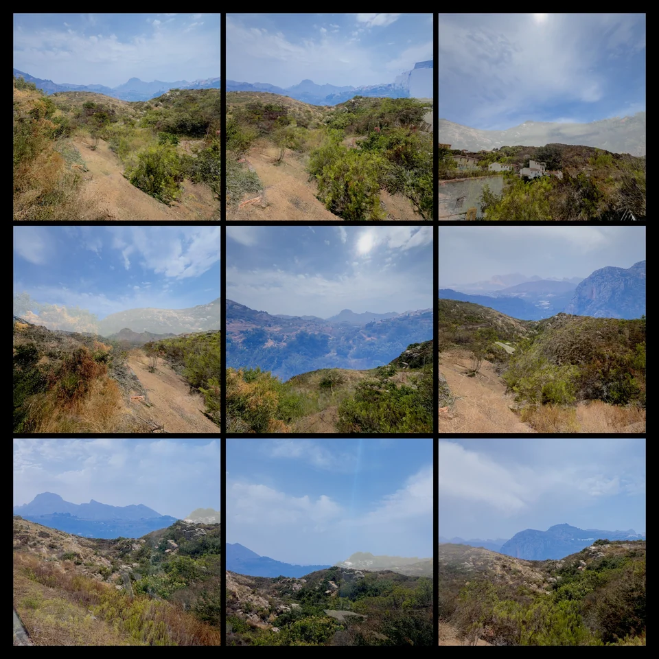 Nine layered mountain landscapes in a contact sheet.