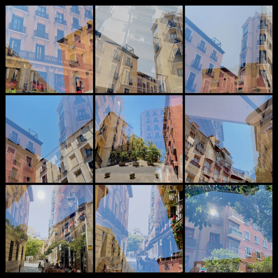 Nine double exposures of colorful city streets.