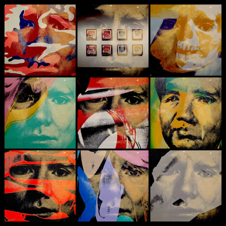 Nine colorful double exposures of faces and artwork.