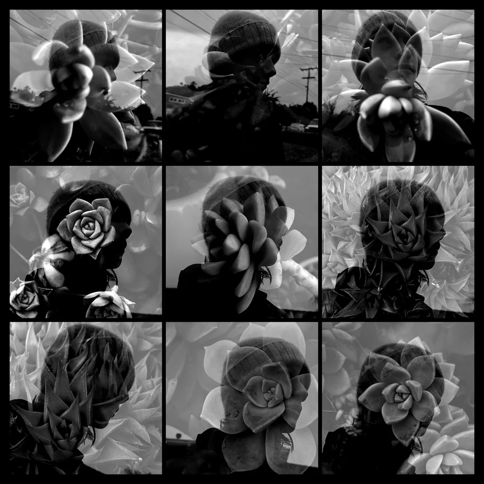 Nine black-and-white double exposures of figures and plants.