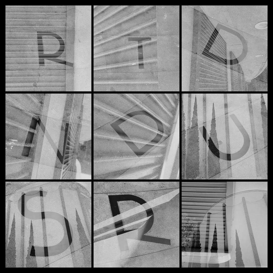 Nine black-and-white double exposures of typography and architecture.