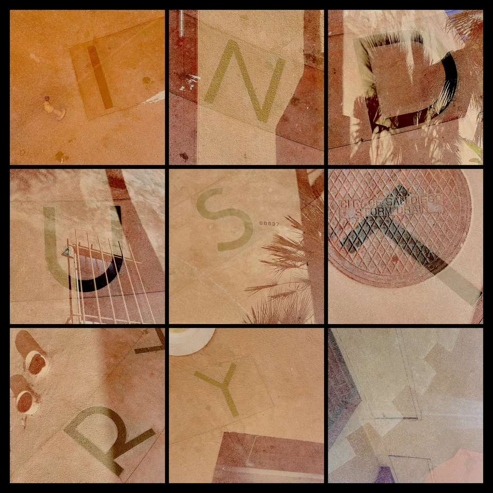 Nine warm-toned double exposures of letters and everyday objects.