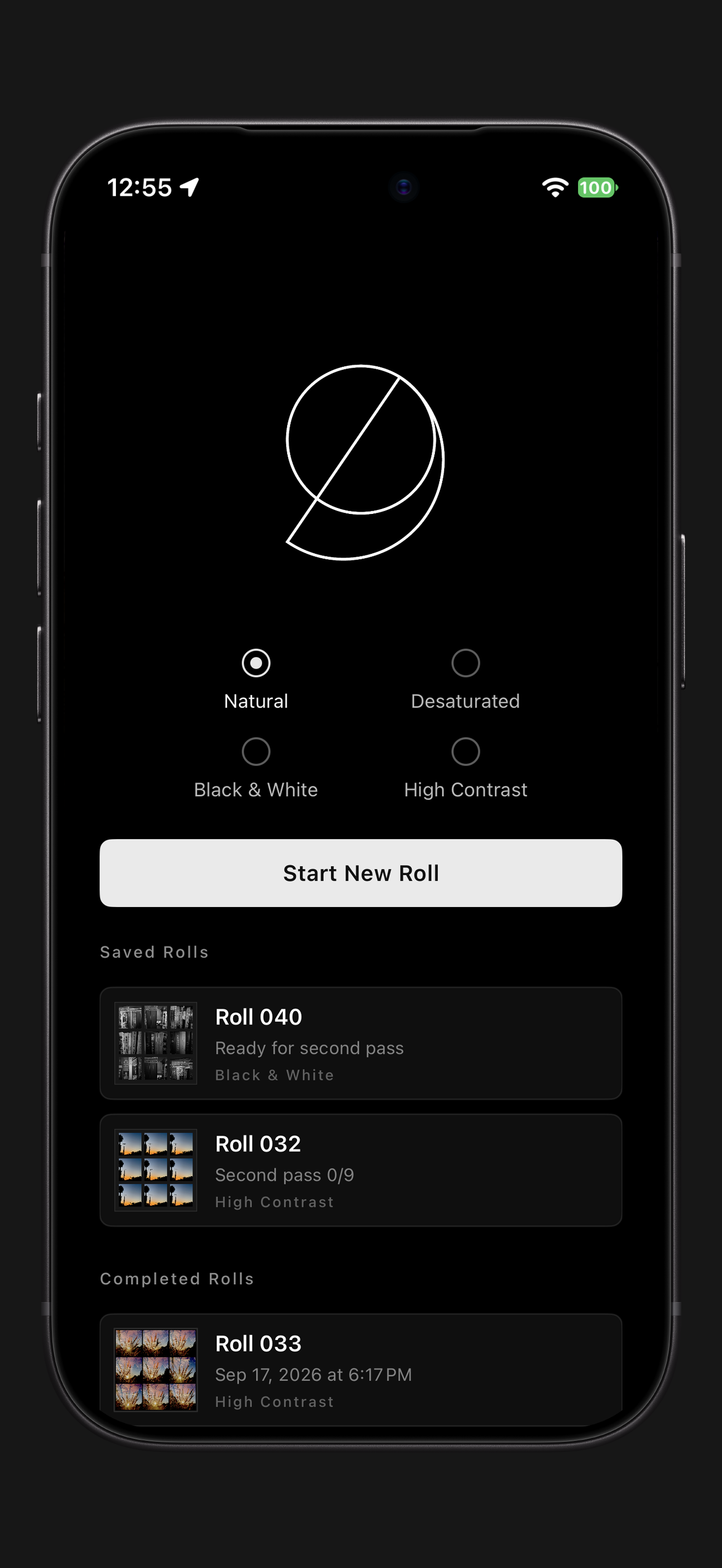 Nine’s home screen with four looks and a collection of saved and completed rolls.