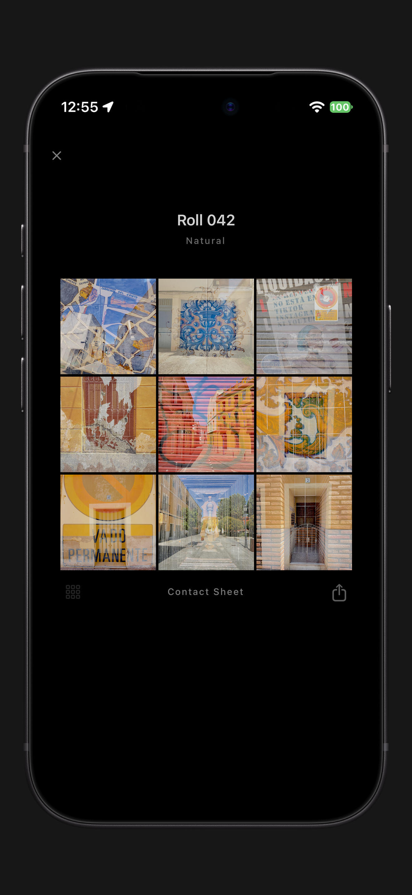 Nine colorful double exposures of street scenes, tiles, and architecture arranged as a three-by-three contact sheet.